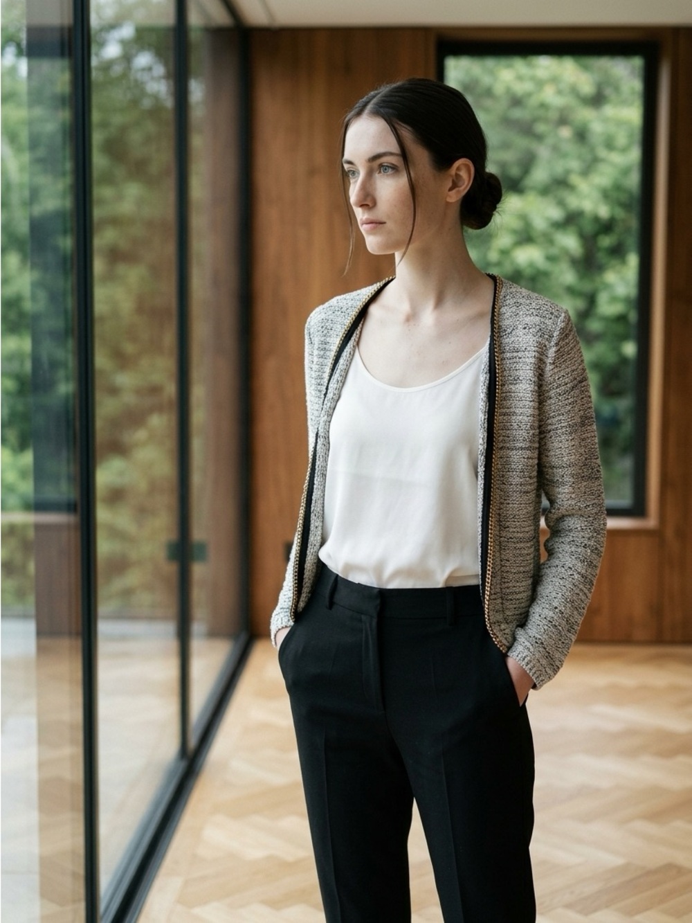 Elegant Open-Front Bouclé Jacket with gold